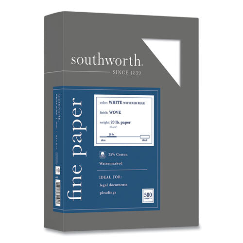 Image of Southworth® 25% Cotton Business Paper, Red Margin Rule, 95 Bright, 20 lb Bond Weight, 8.5 x 11, White, 500 Sheets/Ream