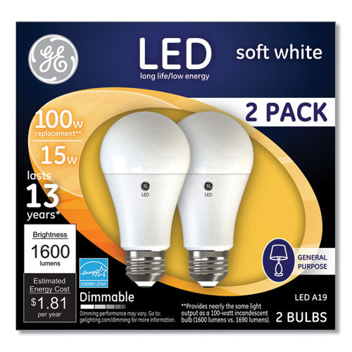 Image of GE 100W LED Bulbs, A19, 15 W, Soft White, 2/Pack