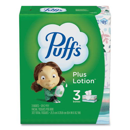 Image of Puffs® Plus Lotion Facial Tissue, 2-Ply, White, 124/Box, 3 Box/Pack, 8 Packs/Carton