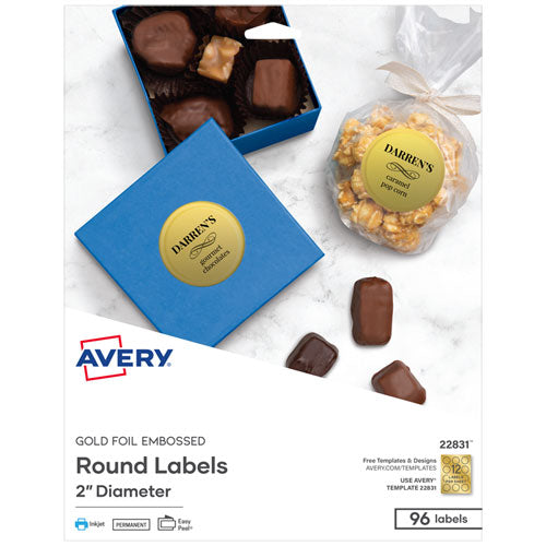 Image of Avery® Round Labels, Inkjet Printers, 2" dia, Gold, 12/Sheet, 8 Sheets/Pack