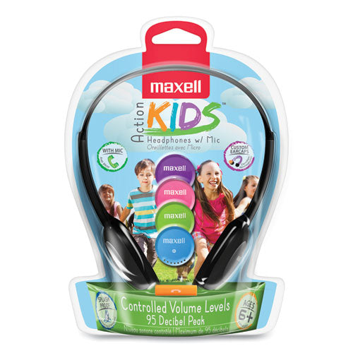 Image of Maxell® Kids Safe Headphones with Inline Microphone, 4 ft Cord, Black with Interchangeable Pink/Blue/Silver Caps
