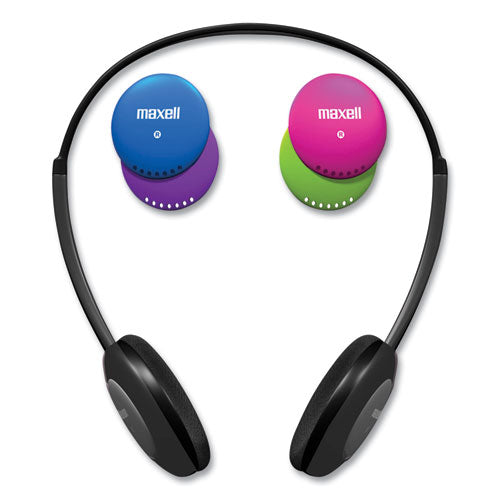 Image of Maxell® Kids Safe Headphones with Inline Microphone, 4 ft Cord, Black with Interchangeable Pink/Blue/Silver Caps