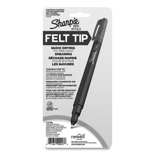 Image of Sharpie® Water-Resistant Ink Porous Point Pen, Stick, Fine 0.4 mm, Black Ink, Black Barrel, 4/Pack