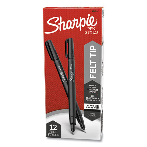 Image of Sharpie® Water-Resistant Ink Porous Point Pen, Stick, Fine 0.4 mm, Black Ink, Black Barrel, Dozen