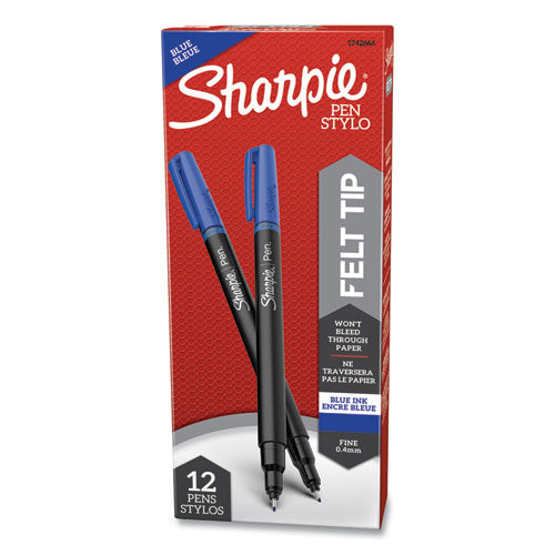 Image of Sharpie® Water-Resistant Ink Porous Point Pen, Stick, Fine 0.4 mm, Blue Ink, Black/Blue Barrel, Dozen
