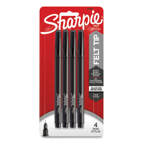 Image of Sharpie® Water-Resistant Ink Porous Point Pen, Stick, Fine 0.4 mm, Black Ink, Black Barrel, 4/Pack