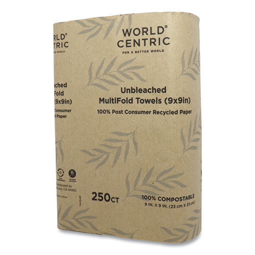 Image of World Centric® 100 Percent Pcw Recycled Paper Towels, 1-Ply, 9 X 9, Natural, 250/pack, 16 Packs/carton