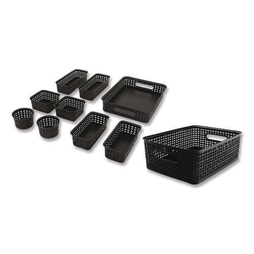 Image of Advantus Plastic Weave Basket Bins, Assorted Sizes, Black, 10/Pack