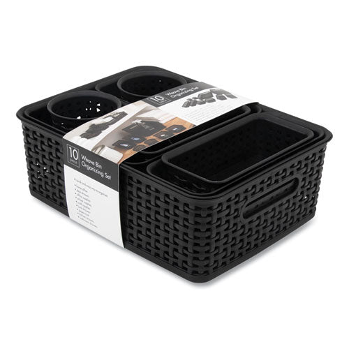 Image of Advantus Plastic Weave Basket Bins, Assorted Sizes, Black, 10/Pack