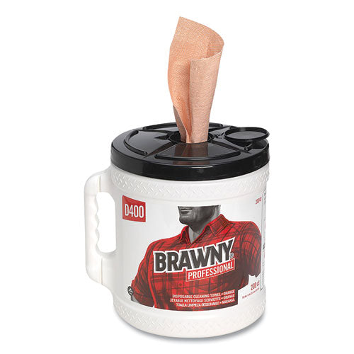 Image of Brawny® Professional D400 Disposable Cleaning Towel System, 9.9 x 13, Orange, 200 Sheets/Roll with Plastic Bucket