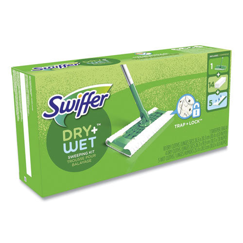 Image of Swiffer® Sweeper Mop, 10 x 4.8 White Cloth Head, 46" Silver/Green Aluminum/Plastic Handle