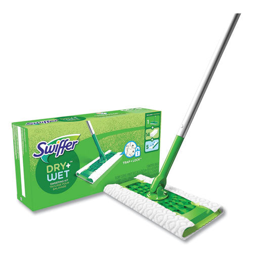 Image of Swiffer® Sweeper Mop, 10 x 4.8 White Cloth Head, 46" Silver/Green Aluminum/Plastic Handle