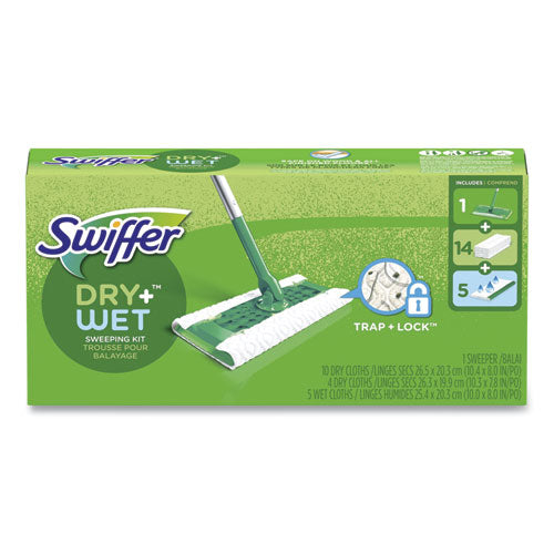 Image of Swiffer® Sweeper Mop, 10 x 4.8 White Cloth Head, 46" Silver/Green Aluminum/Plastic Handle