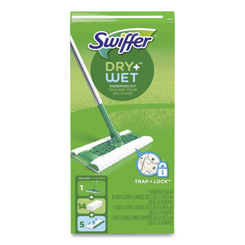 Image of Swiffer® Sweeper Mop, 10 x 4.8 White Cloth Head, 46" Silver/Green Aluminum/Plastic Handle