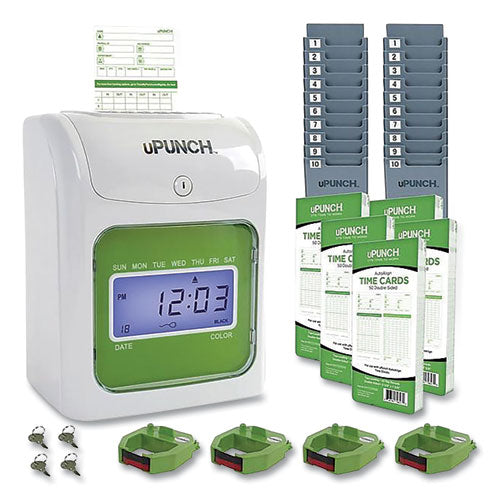 Image of uPunch Ub1000 Electronic Non-Calculating Time Clock Bundle, Lcd Display, Beige/green