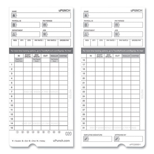 Image of uPunch Time Clock Cards For Upunch Hn4000, Two Sides, 7.37 X 3.37, 50/pack