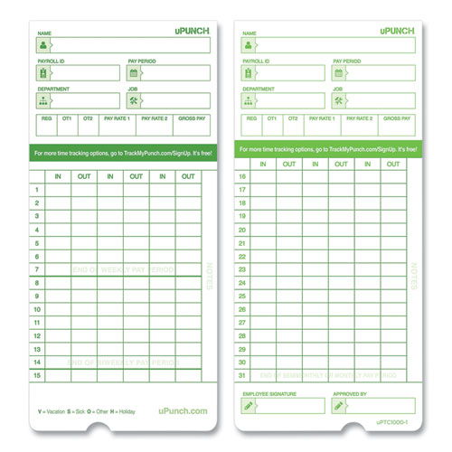 Image of uPunch Time Clock Cards For Upunch Hn3000, Two Sides, 7.37 X 3.37, 50/pack