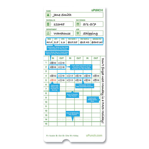 Image of uPunch Time Clock Cards For Upunch Hn3000, Two Sides, 7.37 X 3.37, 50/pack