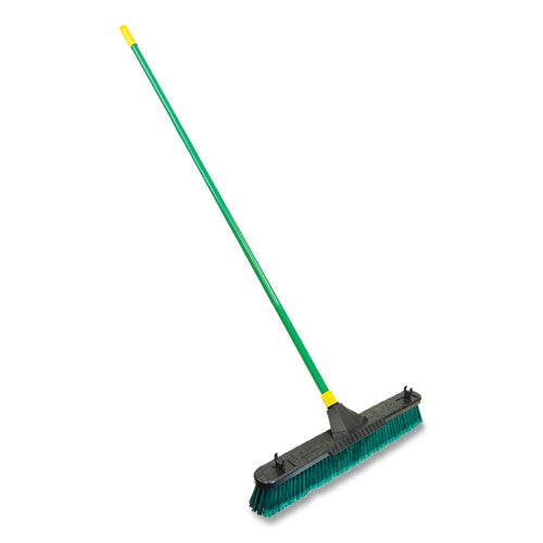 Image of Quickie® Bulldozer Multisurface Pushbroom With Scraper Block, 24 X 60, Powder Coated Steel Handle, Green/black/yellow