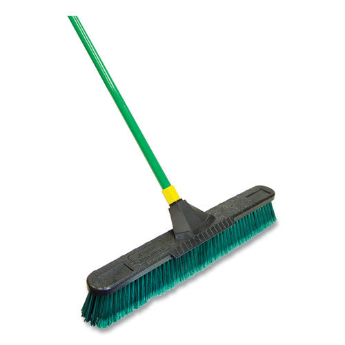 Image of Quickie® Bulldozer Multisurface Pushbroom With Scraper Block, 24 X 60, Powder Coated Steel Handle, Green/black/yellow