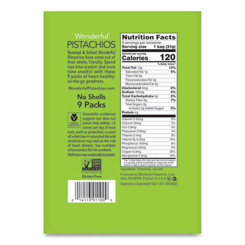 Image of Paramount Farms® Wonderful No Shells Pistachios, Roasted And Salted, 0.75 Oz Bag, 9 Bags/box, 4 Boxes/carton