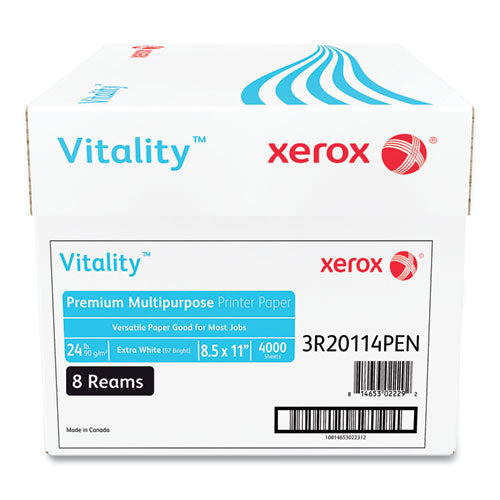 Image of xerox Vitality Premium Multipurpose Print Paper, 97 Bright, 24 lb Bond Weight, 8.5 x 11, Extra White, 500/Ream, 8 Reams/Carton