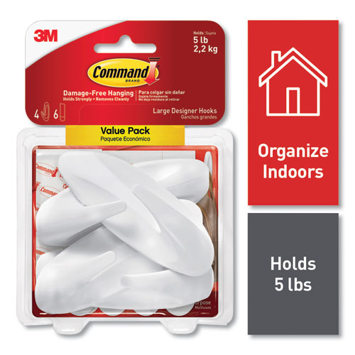 Image of Command General Purpose Hooks, Large, Plastic, White, 5 lb Capacity, 4 Hooks and 6 Strips/Pack