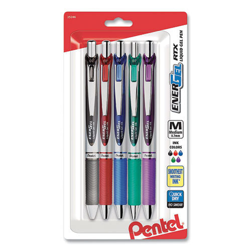 Image of Pentel® EnerGel RTX Gel Pen, Retractable, Medium 0.7 mm, Assorted Ink and Barrel Colors, 5/Pack