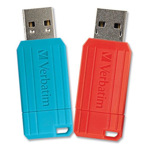 Image of Verbatim® PinStripe USB 2.0 Flash Drive, 64 GB, Caribbean Blue/Red, 2/Pack