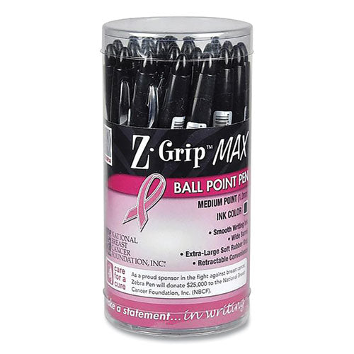 Image of Zebra® Z-Grip MAX Breast Cancer Awareness Ballpoint Pen, Retractable, Bold 1.2 mm, Black Ink, Silver/Black Barrel, 24/Pack