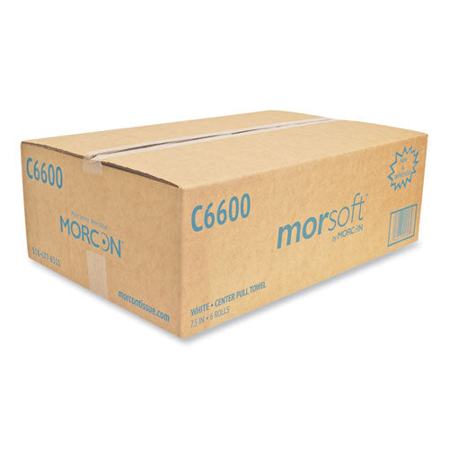 Image of Morcon Tissue Morsoft Center-Pull Roll Towels, 2-Ply, 6.9" dia, White, 600 Sheets/Roll, 6 Rolls/Carton