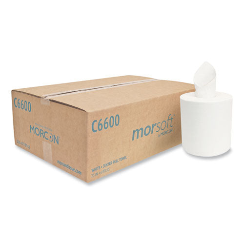 Image of Morcon Tissue Morsoft Center-Pull Roll Towels, 2-Ply, 6.9" dia, White, 600 Sheets/Roll, 6 Rolls/Carton