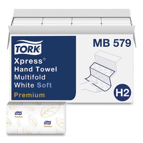 Image of Tork® Premium Soft Xpress 3-Panel Multifold Hand Towels, 2-Ply, 9.13 x 9.5, White/Blue Leaf, 135/Packs, 16 Packs/Carton