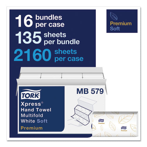 Image of Tork® Premium Soft Xpress 3-Panel Multifold Hand Towels, 2-Ply, 9.13 x 9.5, White/Blue Leaf, 135/Packs, 16 Packs/Carton
