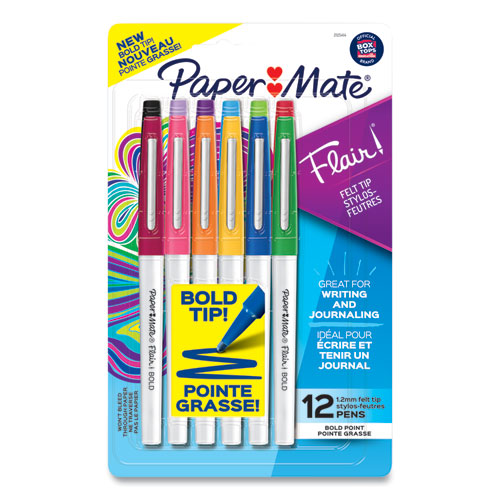 Image of Paper Mate® Flair Felt Tip Porous Point Pen, Stick, Bold 1.2 Mm, Assorted Ink Colors, White Pearl Barrel, 12/pack