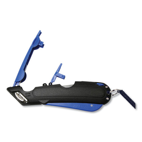 Image of COSCO Easycut Self-Retracting Cutter with Safety-Tip Blade, Holster and Lanyard, 6" Plastic Handle, Black/Blue