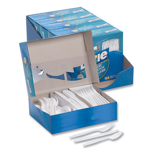 Image of Dixie® Combo Pack, Tray with White Plastic Utensils, Heavyweight, Fork/Knife/Spoon, 168/Pack