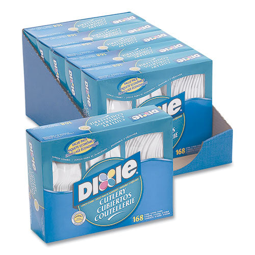 Image of Dixie® Combo Pack, Tray with White Plastic Utensils, Heavyweight, Fork/Knife/Spoon, 168/Pack, 6 Packs/Carton