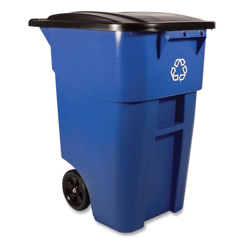 Image of Rubbermaid® Commercial Square Brute Recycling Rollout Container, 50 gal, Plastic, Blue