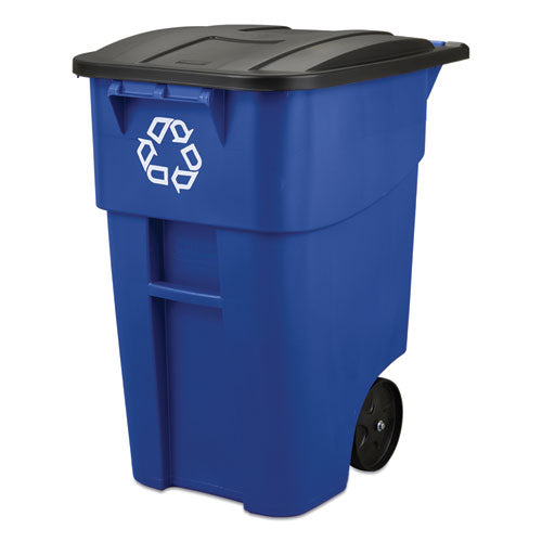 Image of Rubbermaid® Commercial Square Brute Recycling Rollout Container, 50 gal, Plastic, Blue