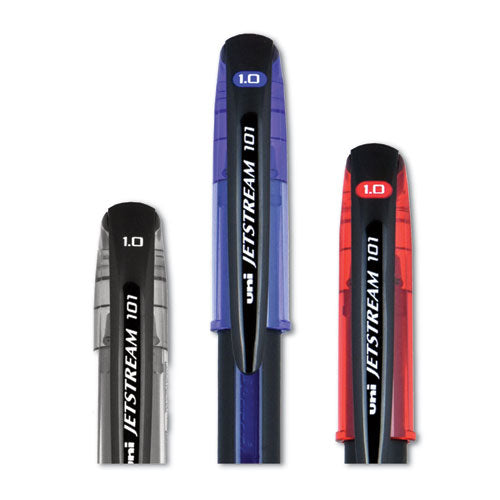 Image of uniball® Jetstream 101 Hybrid Gel Pen, Stick, Bold 1 mm, Blue Ink, Black/Blue Barrel, Dozen