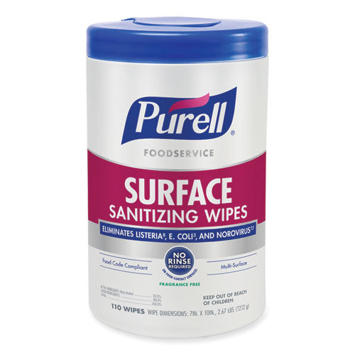 Image of PURELL® Foodservice Surface Sanitizing Wipes, 1-Ply, 10 x 7, Fragrance-Free, White, 110/Canister, 6 Canisters/Carton