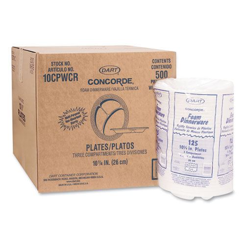 Image of Dart® Concorde Foam Plate, 3-Compartment Plate, 10.25" dia, White, 125/Pack, 4 Packs/Carton