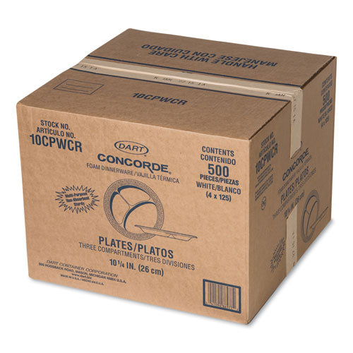 Image of Dart® Concorde Foam Plate, 3-Compartment Plate, 10.25" dia, White, 125/Pack, 4 Packs/Carton