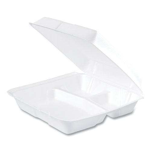 Image of Dart® Foam Hinged Lid Containers, 3 Compartments, 9.25 x 9.5 x 3, White, 100/Sleeve, 2 Sleeves/Carton