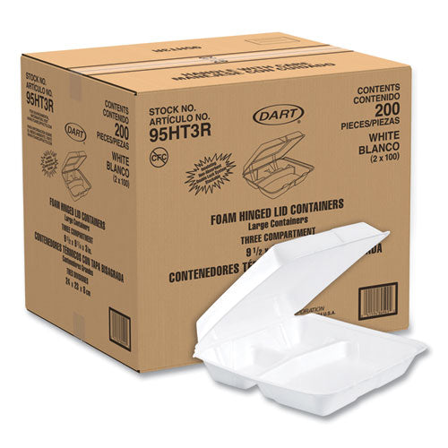 Image of Dart® Foam Hinged Lid Containers, 3 Compartments, 9.25 x 9.5 x 3, White, 100/Sleeve, 2 Sleeves/Carton