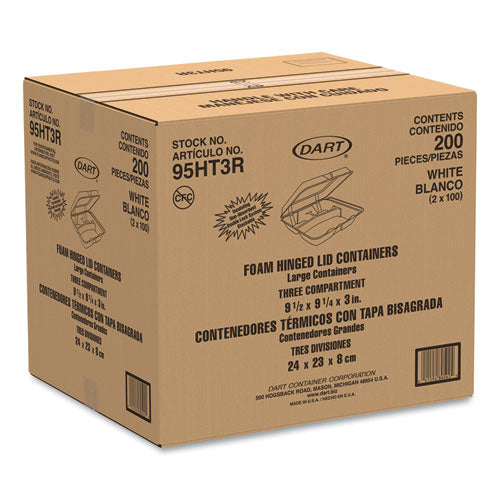 Image of Dart® Foam Hinged Lid Containers, 3 Compartments, 9.25 x 9.5 x 3, White, 100/Sleeve, 2 Sleeves/Carton