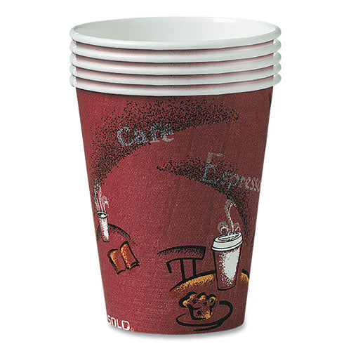 Image of SOLO® Paper Hot Drink Cups in Bistro Design, 10 oz, Maroon, 300/Carton