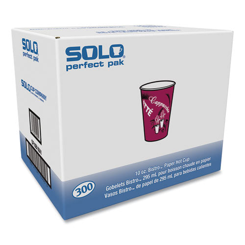 Image of SOLO® Paper Hot Drink Cups in Bistro Design, 10 oz, Maroon, 300/Carton