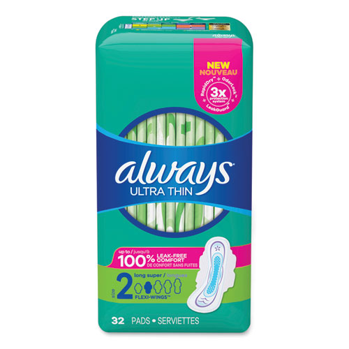 Image of Always® Ultra Thin Pads With Wings, Size 2, Long, Super Absorbent, 32/pack
